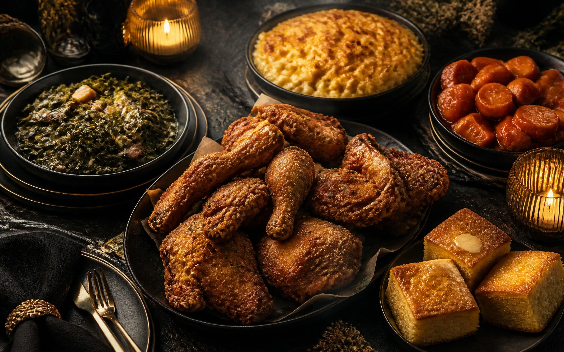 Southern soul food spread with fried chicken, collard greens, mac and cheese, cornbread and candied yams